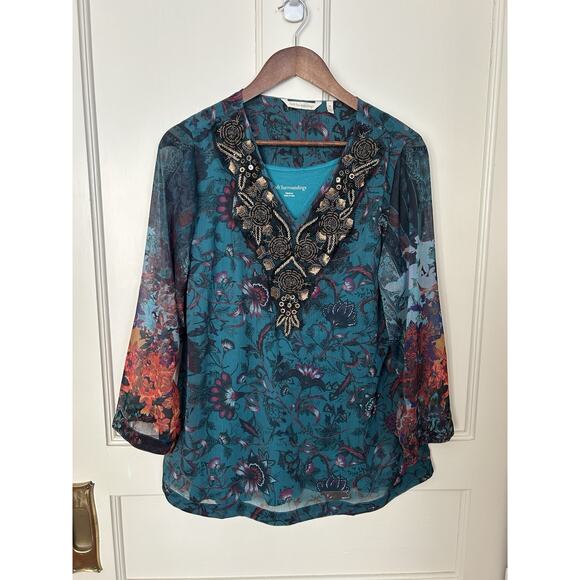 Soft Surroundings Tops - Soft Surroundings Paisley Heavily Beaded Blouse 2 Piece Womens Size Med Teal